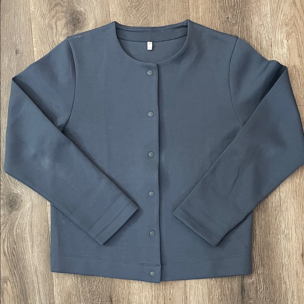 Muji Blue Snap Cardigan Sweatshirt Womens Size Medium M Scuba Cotton Fleece - Picture 3 of 11
